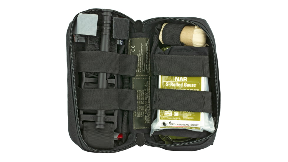 North American Rescue M-FAK Mini First Aid Kit, Contains 1 C-A-T Tourniquet, 1 ETD 4 Flat, 1 Gauze S-Rolled, 1 HyFin Compact Chest Seal Twin Pack, 1 Pair Nitrile Gloves in Large, 500 Denier Nylon Bag, Black Finish