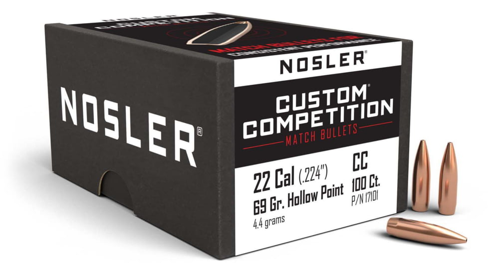 Nosler 17101 Custom Competition 22 Caliber .224 69 GR Hollow Point Boat Tail H