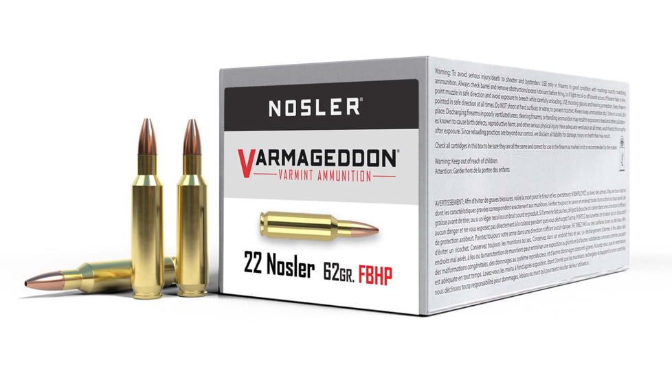Nosler .22 Nosler, Flat Base Hollow Point, 62 grain, Brass Cased, 50 Rounds, 65180