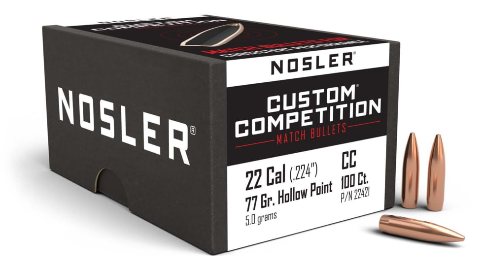 Nosler 22421 Custom Competition 22 Caliber .224 77 GR Hollow Point Boat Tail H