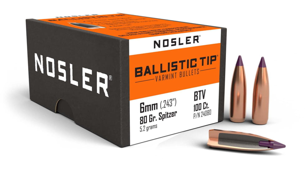 Nosler 24080 Ballistic Tip Varmint 6mm .243 80 GR Spitzer Point 100 Box