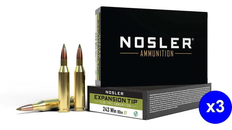 Nosler .243 Winchester 90 Grain E-Tip Lead-Free Brass Cased Centerfire Rifle Ammo, 60 Rounds