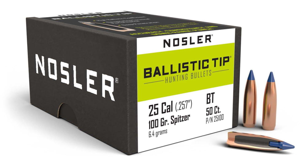 Nosler 25100 Ballistic Tip Hunting 25 Caliber .257 100 GR Spitzer 50 Box