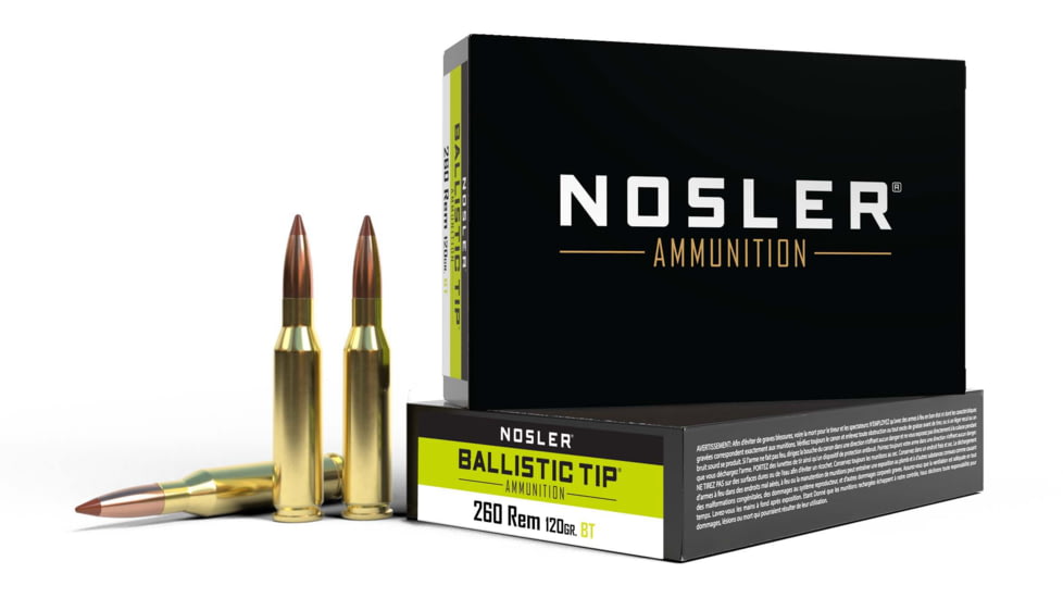 Nosler .260 Remington 120 Grain Ballistic Tip Brass Cased Centerfire Rifle Ammo, 20 Rounds, 40056