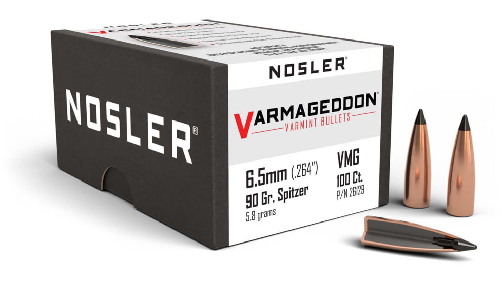 Nosler 26129 Varmageddon 6.5mm .264 90 GR Flat Base Tipped FBT 100 Box
