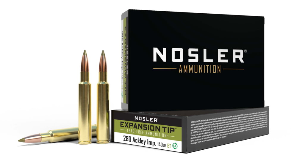 Nosler .280 Remington Ackley Improved 140 Grain E-Tip Lead-Free Brass Cased Centerfire Rifle Ammo, 20 Rounds, 40067