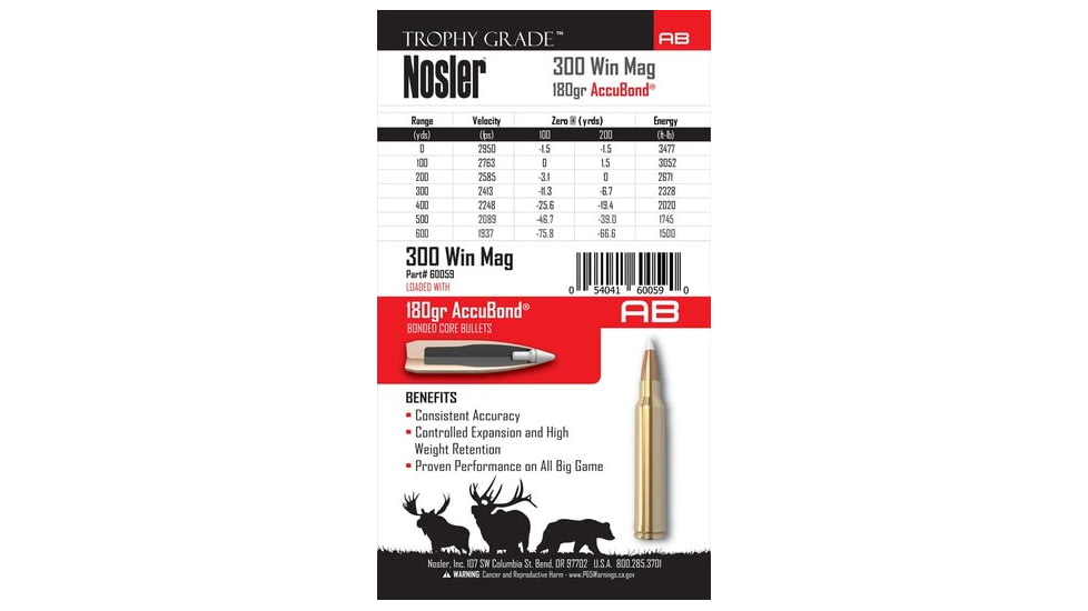 Nosler Trophy Grade .300 Winchester Magnum 180 Grain AccuBond Brass Cased Centerfire Rifle Ammo, 20 Rounds, 60059
