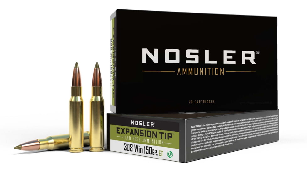 Nosler .308 Winchester 150 Grain E-Tip Lead-Free Brass Cased Centerfire Rifle Ammo, 20 Rounds, 40034