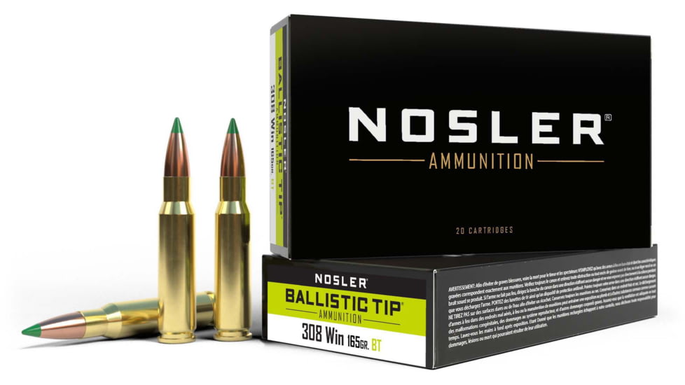 Nosler, .308 Winchester, 165 grain, Ballistic Tip, Brass, Centerfire Rifle Ammo, 20, 40063