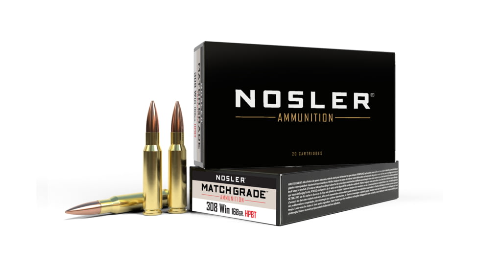 Nosler .308 Winchester 168 Grain Custom Competition Brass Cased Centerfire Rifle Ammo, 200 Round