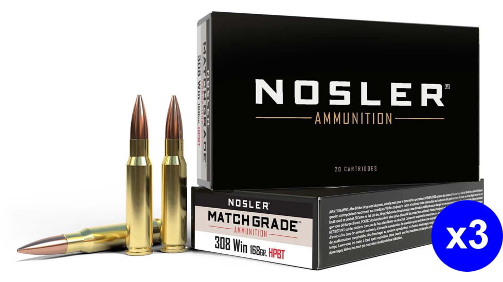 Nosler .308 Winchester 168 Grain Custom Competition Brass Cased Centerfire Rifle Ammo, 60 Rounds