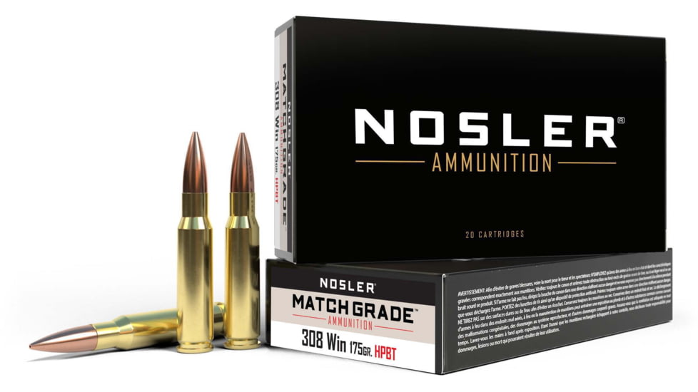 Nosler, .308 Winchester, 175 grain, Custom Competition, Brass, Centerfire Rifle Ammo, 20, 60072