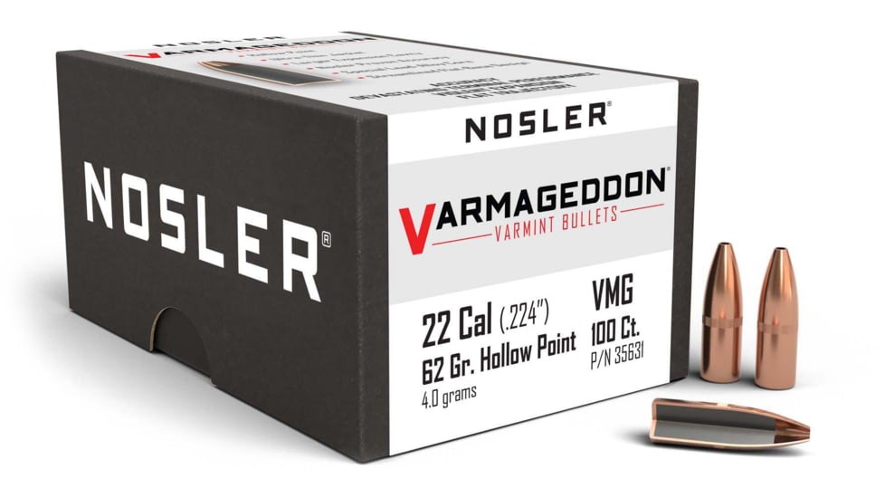 Nosler 35631 Varmageddon 22 Caliber .224 62 GR Flat Base Hollow Point FBHP 10