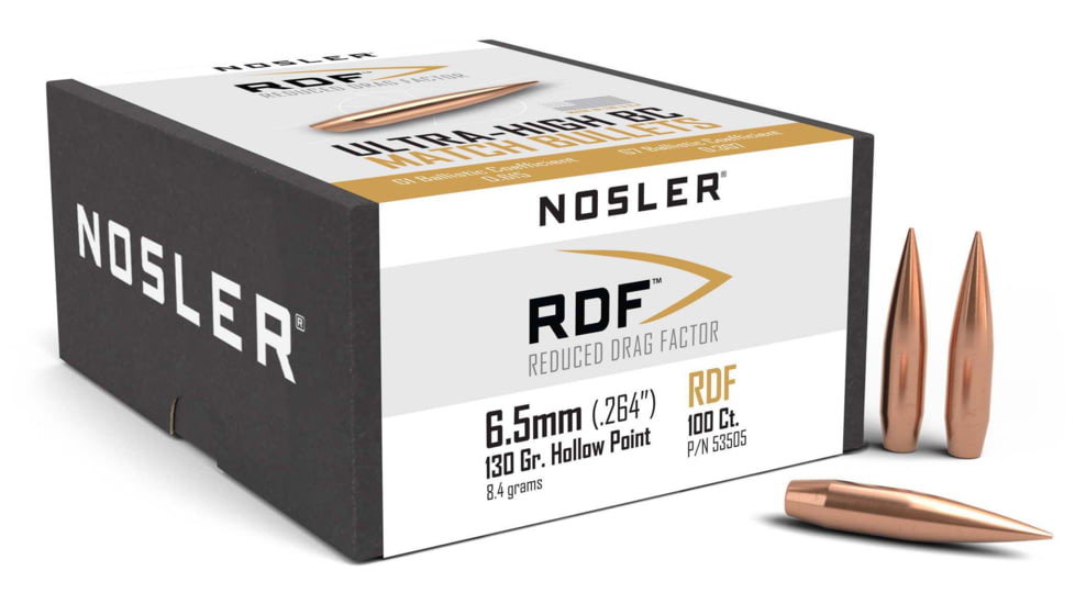 Nosler RDF Rifle Bullets 6.5mm .264 130 GR, Hollow Point Boat Tail HPBT, 100 Bullets, 53505