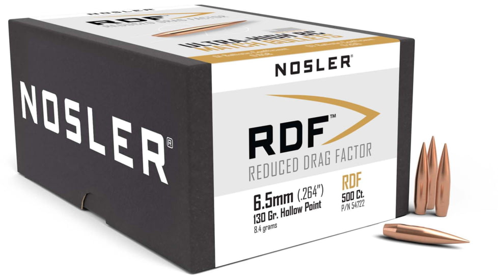 Nosler RDF Rifle Bullets 6.5mm .264 130 GR, Hollow Point Boat Tail HPBT, 500 Bullets, 54722