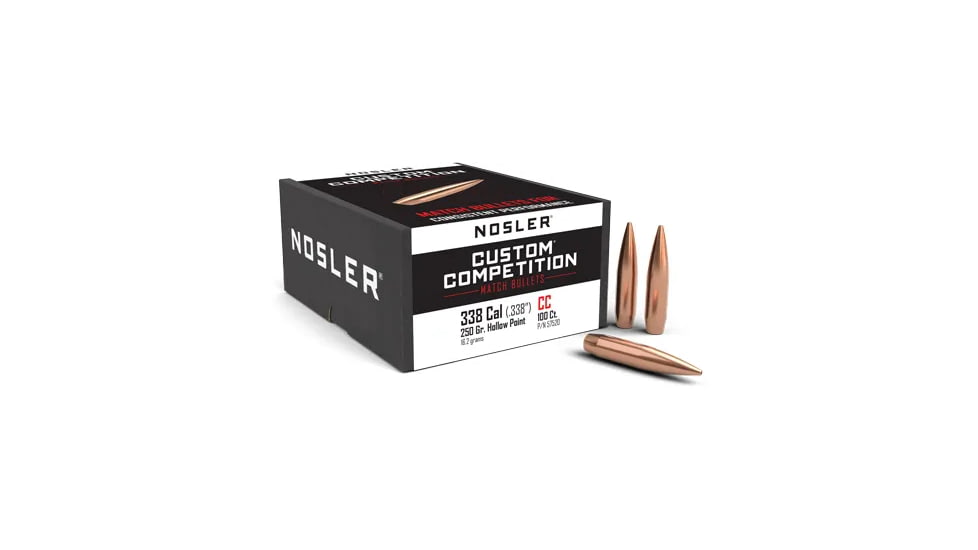 Nosler Custom Competition Rifle Bullets, 338 Caliber, 250 Grain, Hollow Point Boat Tail, 100 Bullets, 57520