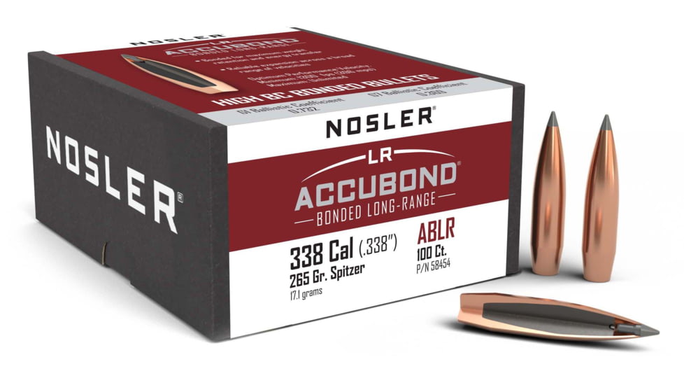 Nosler .338 Caliber Rifle Bullets, 265 Grain, Spitzer Boat Tail, 100 Bullets, 58454