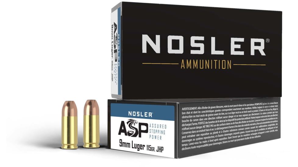 Nosler ASP 9mm 115 Grain Jacketed Hollow Point ASP Brass Cased Pistol Ammo, 50 Rounds, 51017
