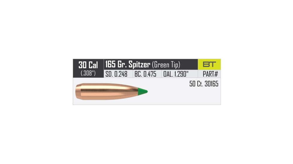 Nosler Ballistic Tip Hunting Rifle Bullet .30 Caliber 165 Grains, 50 Bullets, 30165