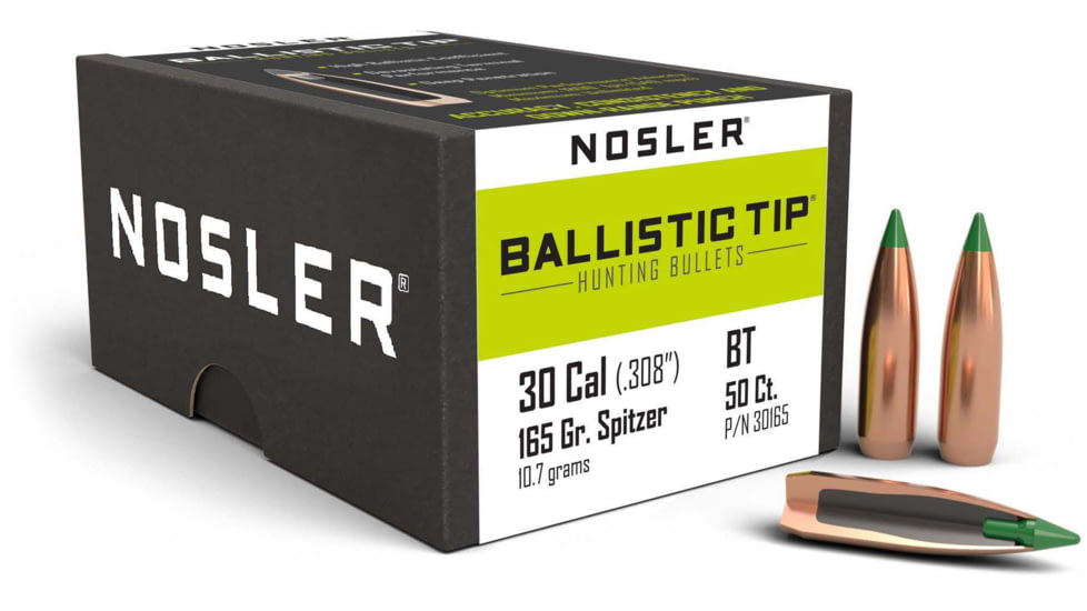 Nosler Ballistic Tip Hunting Rifle Bullet .30 Caliber 165 Grains, 50 Bullets, 30165