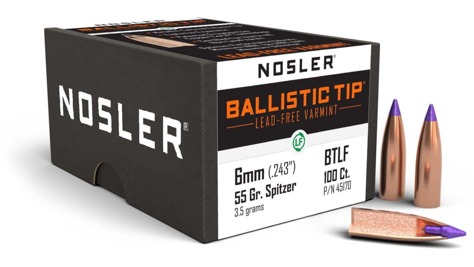 Nosler Ballistic Tip Lead Free Varmint Rifle Bullet 6mm 55gr, 100ct, 45170
