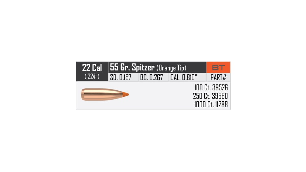Nosler Ballistic Tip Varmint Rifle Bullet .22 Caliber 55gr, 1000ct, 11288