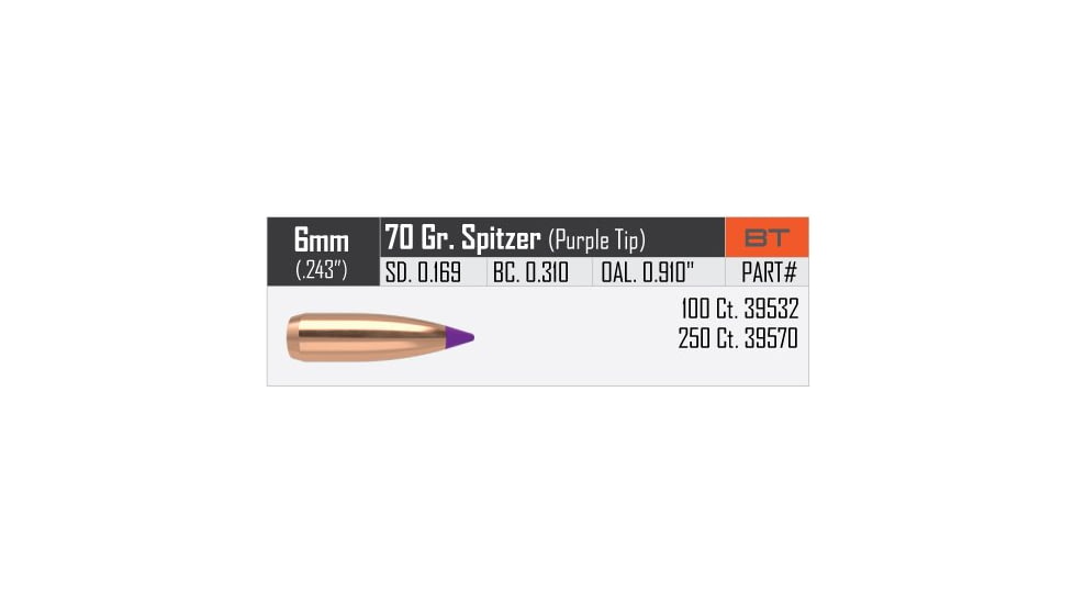 Nosler Ballistic Tip Varmint Rifle Bullet 6mm 70gr, 250ct, 39570