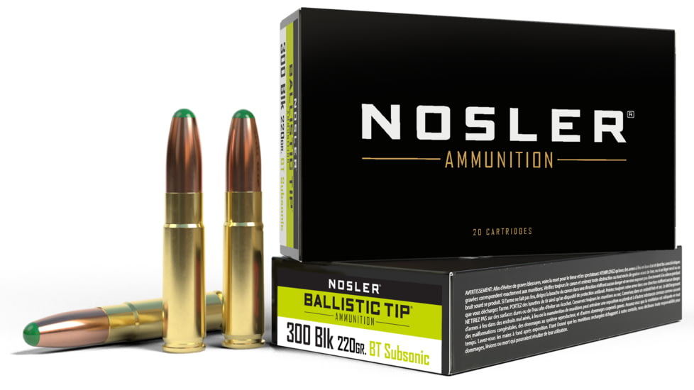 Nosler BTA Ballistic Tip Ammunition 300 Blackout 220 Grain Ballistic Tip Round Nose Brass Cased Centerfire Rifle Ammo, 20 Rounds, 61050