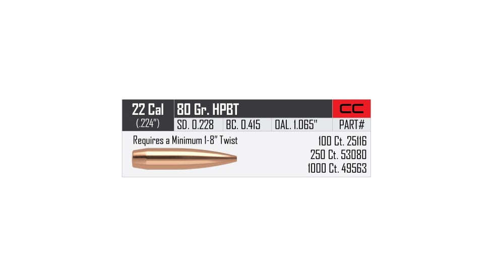 Nosler Custom Competition Rifle Bullet .22 Caliber 80gr HPBT, 100ct, 25116