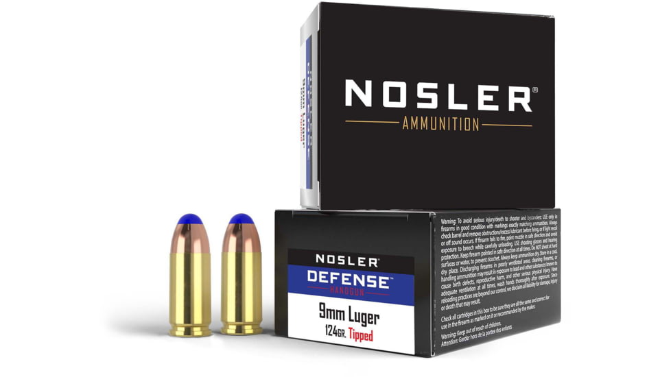 Nosler Defence 124 Grain 9mm +P Bonded Tipped Brass Cased Cased Pistol Ammo, 20 Rounds, 37151