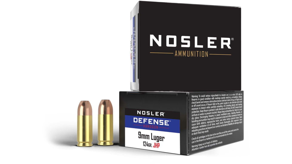Nosler Defense 9mm +P 124 Grain Bonded Jacketed Hollow Point Brass Cased Cased Pistol Ammo, 20 Rounds, 38432