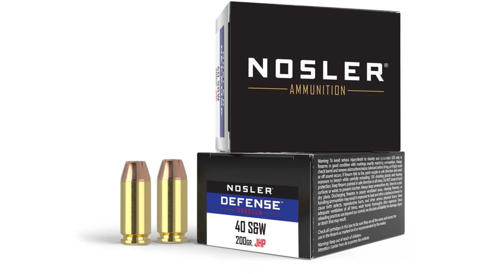 Nosler Defense .40 S&amp;W 200 Grain Bonded Jacketed Hollow Point Brass Cased Cased Pistol Ammo, 20 Rounds, 39123