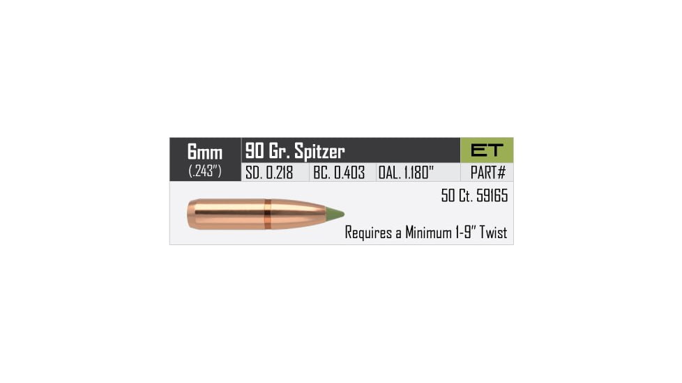 Nosler E-Tip Rifle Bullet 6mm 90gr, 50ct, 59165