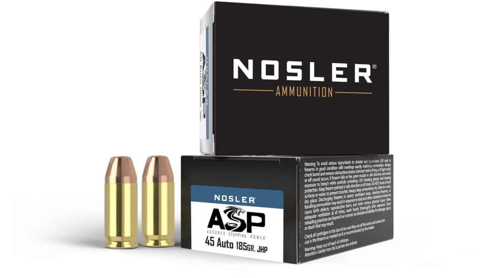 Nosler ASP .45 ACP 185 Grain Jacketed Hollow Point Brass Cased Cased Pistol Ammo, 20 Rounds, 51278