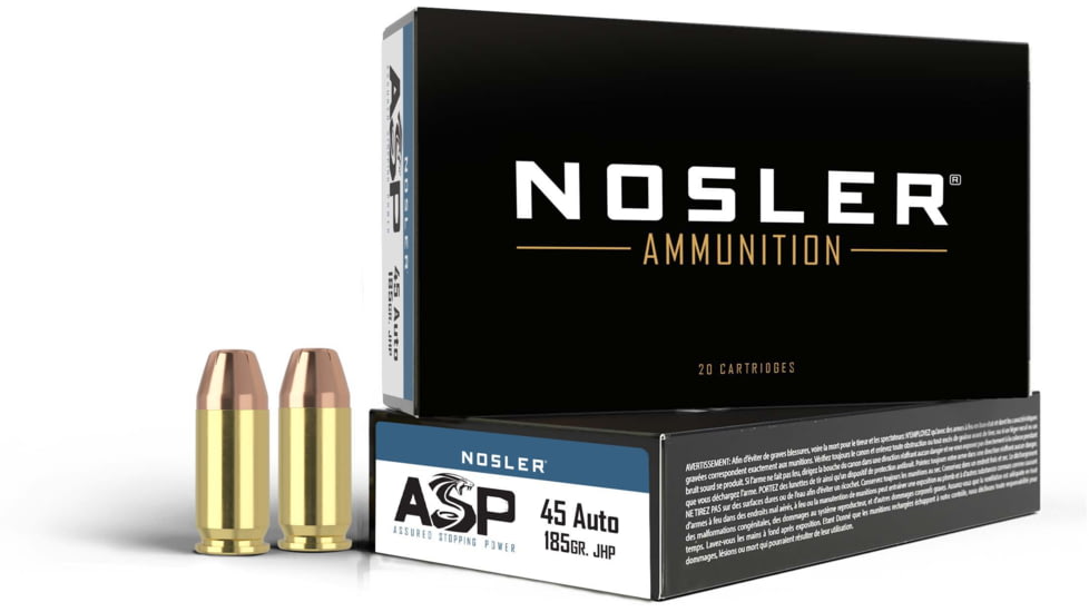 Nosler ASP .45 ACP 185 Grain Jacketed Hollow Point Brass Cased Cased Pistol Ammo, 50 Rounds, 51271