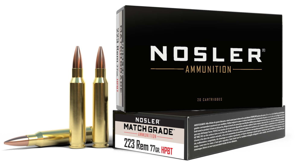 Nosler Match Grade .223 Remington 77 Grain Custom Competition Brass Cased Centerfire Rifle Ammo, 20 Rounds, 60011