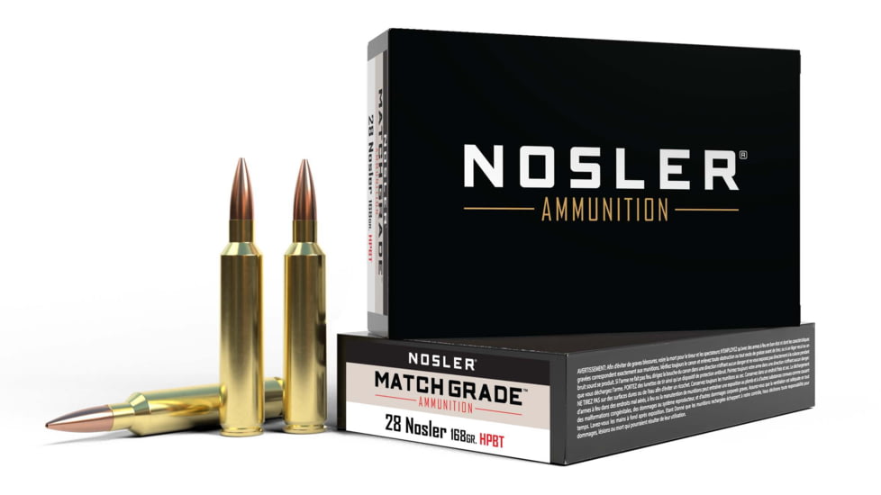 Nosler Match Grade .28 Nosler 168 Grain Custom Competition Brass Cased Centerfire Rifle Ammo, 20 Rounds, 51287