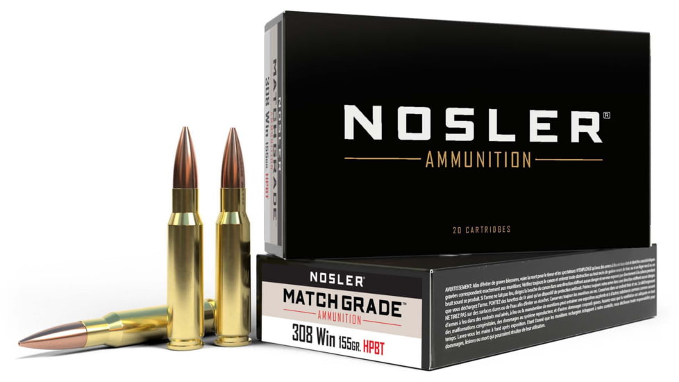 Nosler Match Grade .308 Winchester 155 Grain Custom Competition Brass Cased Centerfire Rifle Ammo, 20 Rounds, 60052