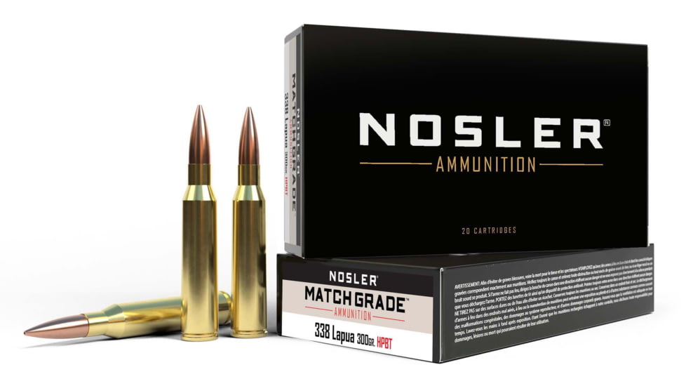 Nosler Match Grade .338 Lapua Magnum 300 Grain Custom Competition Brass Cased Centerfire Rifle Ammo, 20 Rounds, 43136