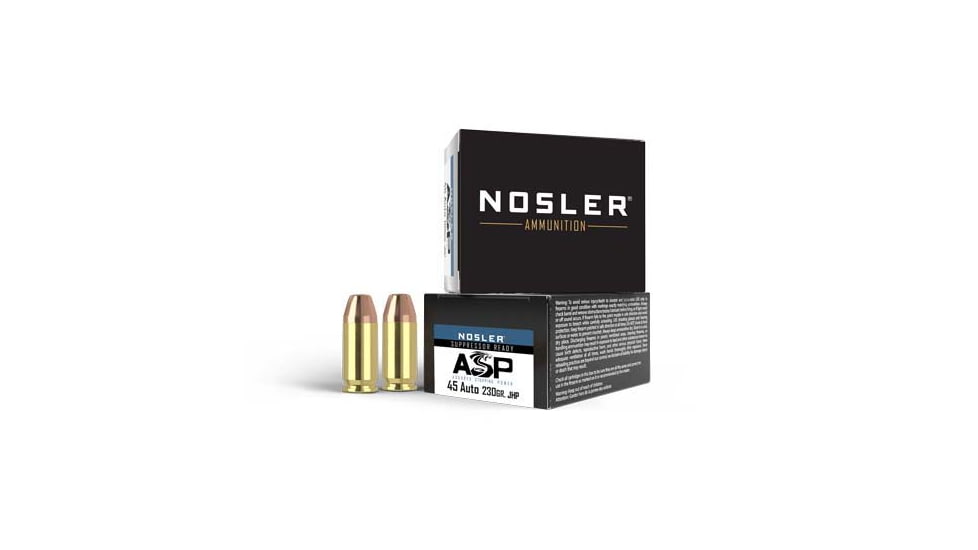 Nosler ASP Suppressor Ready .45 ACP 230 Grain Jacketed Hollow Point Brass Cased Cased Pistol Ammo, 20 Rounds, 51277