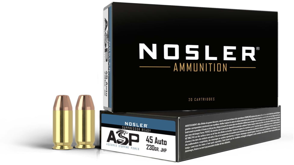 Nosler ASP Suppressor Ready .45 ACP 230 Grain Jacketed Hollow Point Brass Cased Cased Pistol Ammo, 50 Rounds, 51284