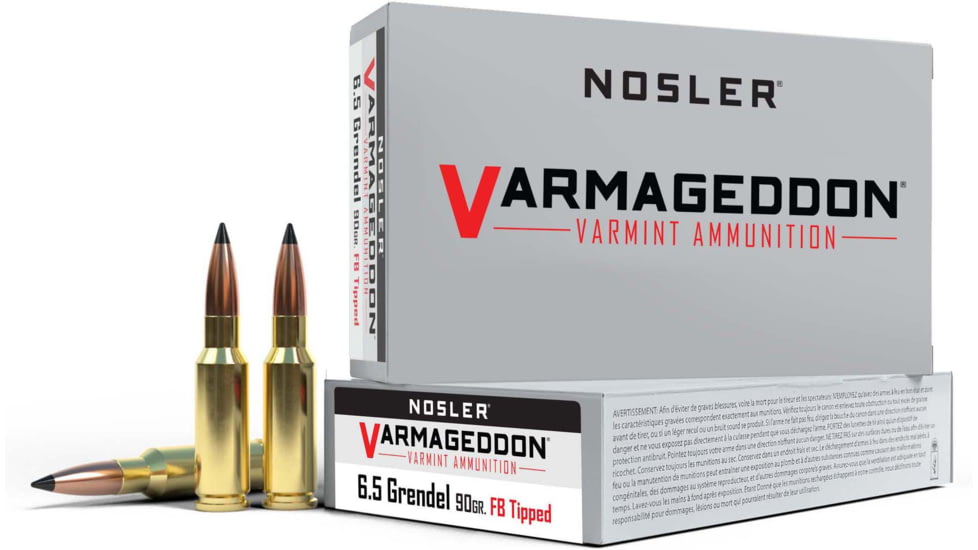 Nosler Match Grade 6.5mm Grendel 90 Grain Flat Base Tipped Brass Cased Centerfire Rifle Ammo, 20 Rounds, 65182