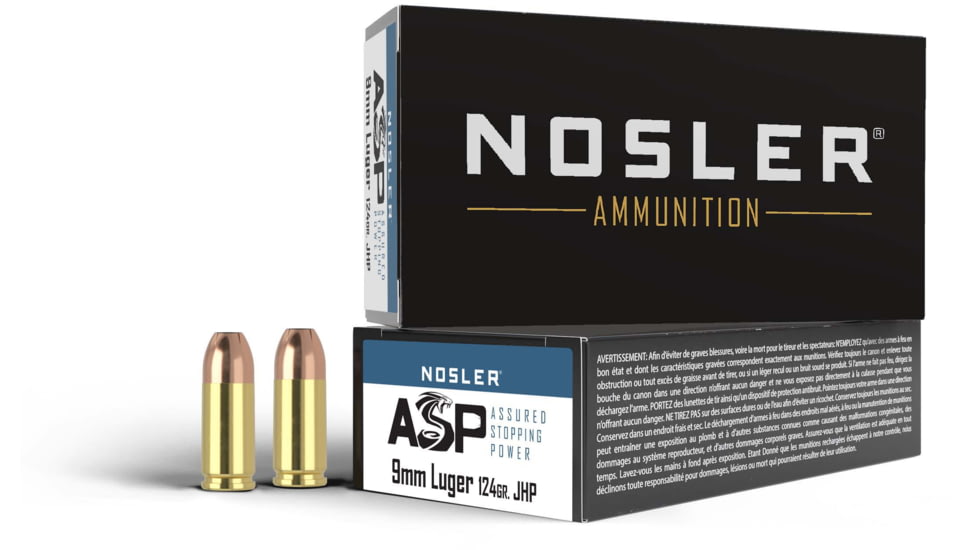 Nosler ASP 9mm 124 Grain Jacketed Hollow Point Brass Cased Cased Pistol Ammo, 50 Rounds, 51054