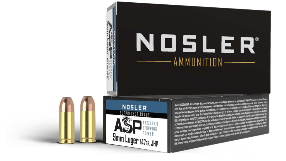Nosler ASP Suppressor Ready 9mm 147 Grain Jacketed Hollow Point Brass Cased Cased Pistol Ammo, 50 Rounds, 51325