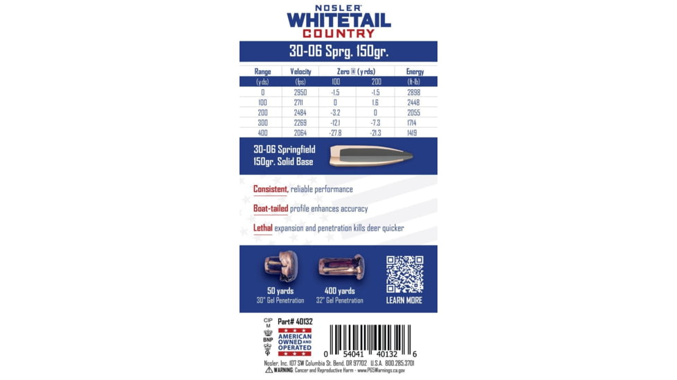 Nosler Whitetail Country Solid Base .30-06 Springfield 150 Grain Spitzer Boat Tail Brass Cased Rifle Ammunition, 20 Rounds, 40132