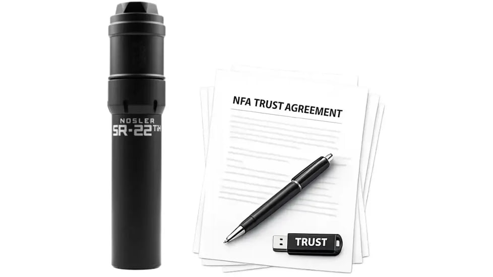 Nosler SR-22TiH DT HUB Compatible .22 Creedmoor Suppressor, 1.74x7.375in, Black, w/ NFA Trust Registration, 100000231902-KIT1