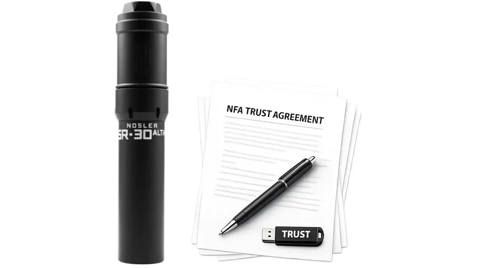 Nosler SR-30ALTiH DT HUB Compatible .308 Winchester Suppressor, 1.74x7.875 in, Black, w/ NFA Trust Registration, 100000231904-KIT1