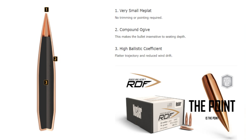 Nosler RDF Rifle Bullet .22 Caliber 70gr HPBT, 500ct, 53067