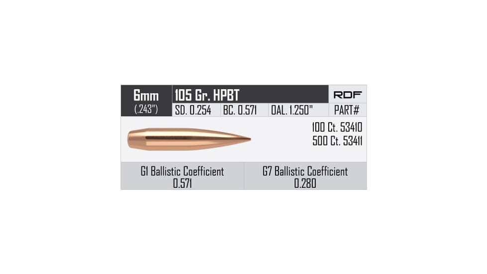 Nosler RDF Rifle Bullet 6mm 105gr HPBT, 500ct, 53411