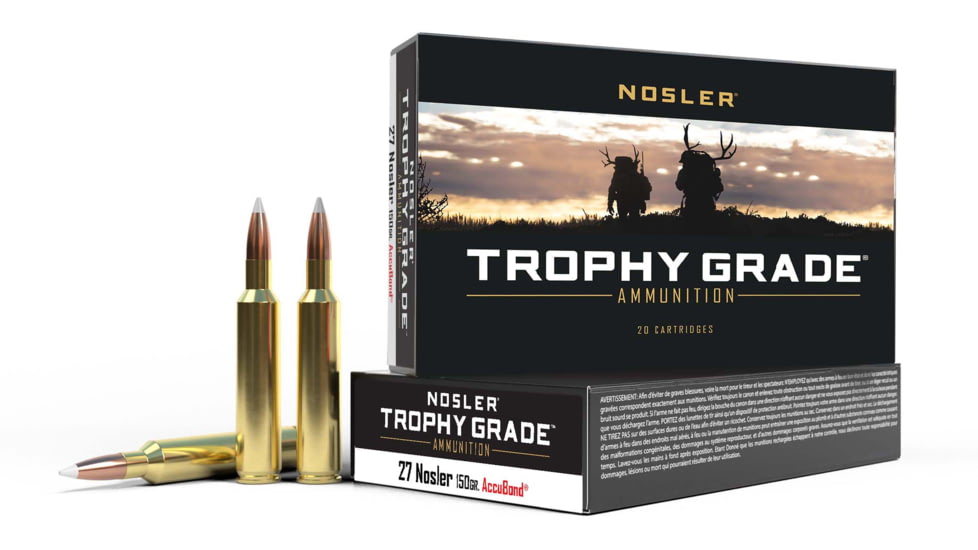 Nosler Trophy Grade .27 Nosler 150 Grain AccuBond Brass Cased Centerfire Rifle Ammo, 20 Rounds, 61026